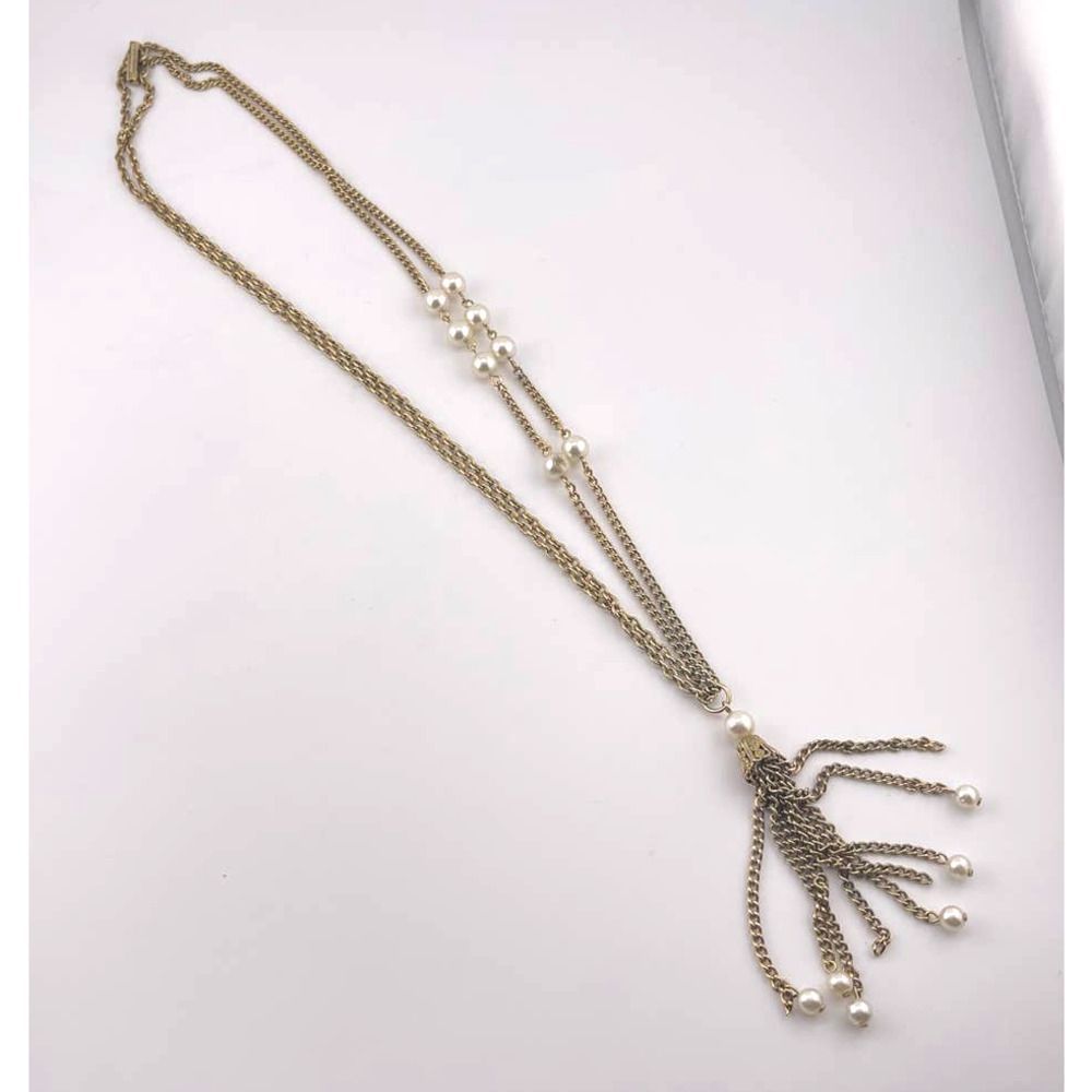 Vintage Gold Tone And Faux‎ Pearl Signed Japan Statement Tassel Necklace
